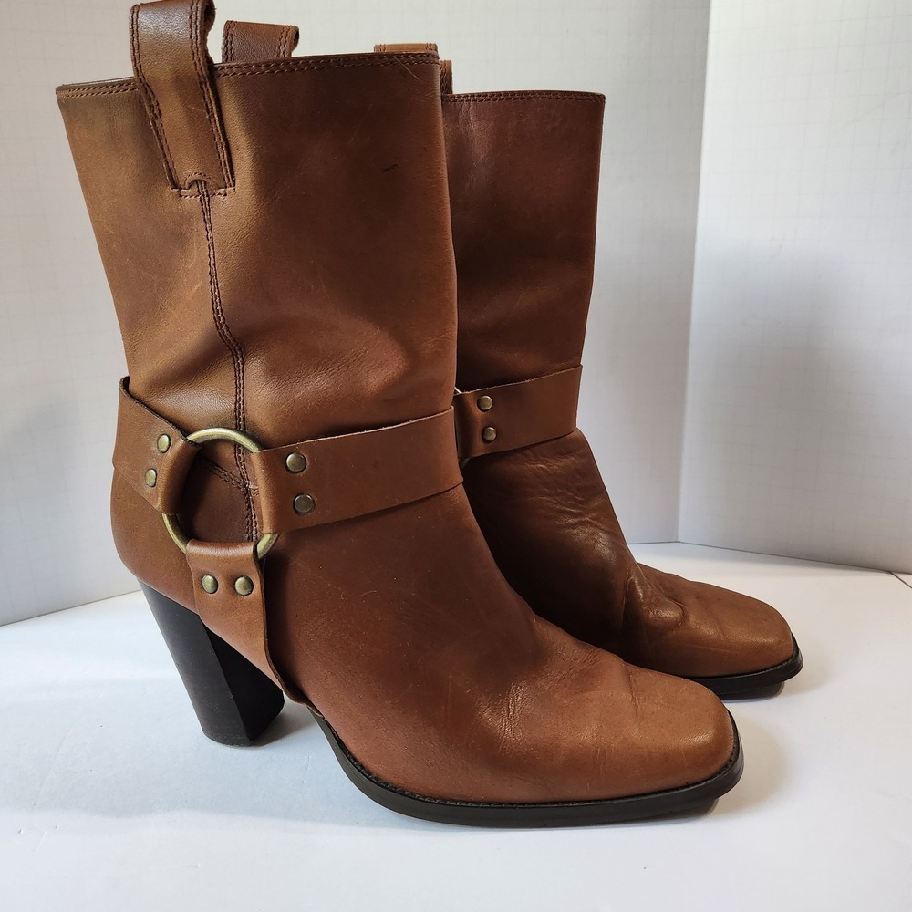 Colin Stuart Leather Harness Boots Womens US 10 Brown Mid Calf Block Heel Boho